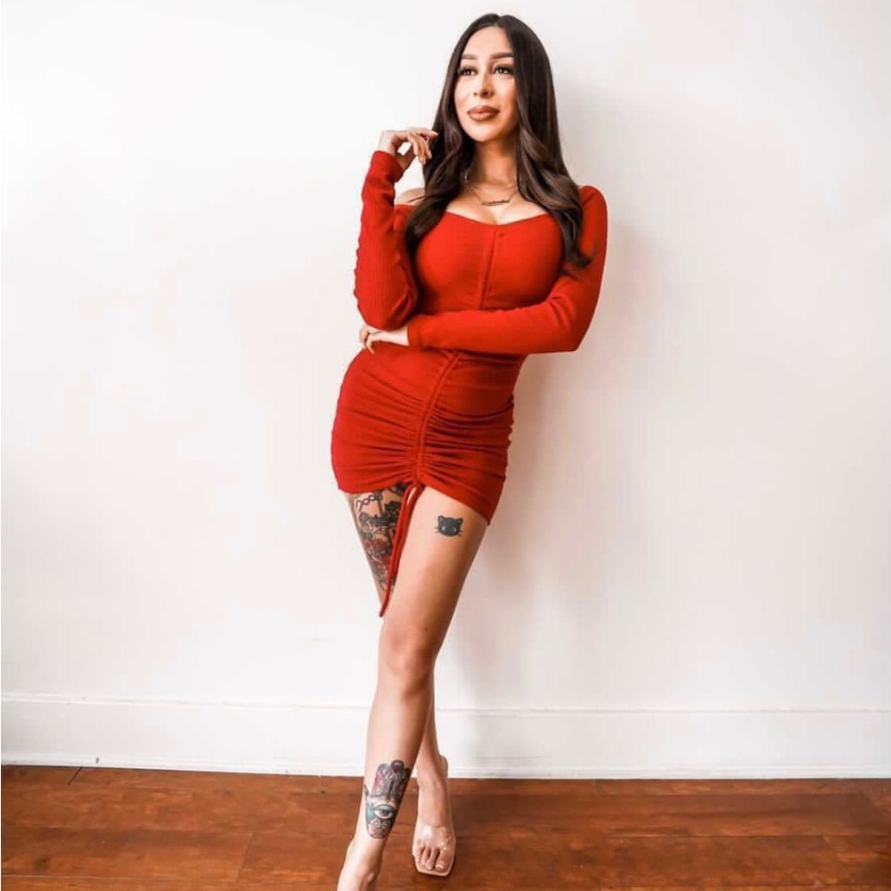 Red ruched off the shoulder long sleeve dress